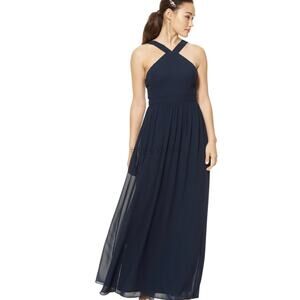 Levkoff Womens Maxi Dress Navy Halter Elastic Waist Zip Chiffon Formal 12 New